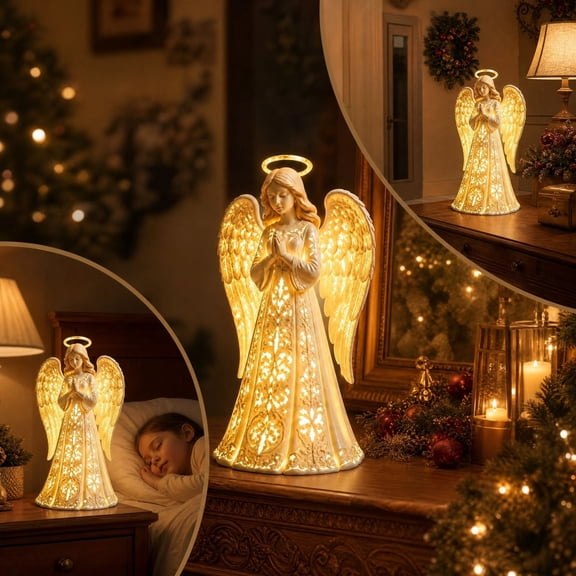 Lighted Praying Angel Resin Figurine, Christmas Tabletop Statue with Warm LED Glow and Hollow Detail, Decorative Accent for Mantel, Shelf, Entry Table and Seasonal Indoor Display, White