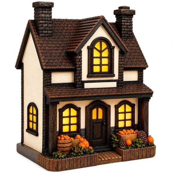 Lighted Pumpkin Cottage, Vintage Halloween Table Decor (Brown) | Warm lighted cottage with pumpkins for Halloween, fall mantels, entryway tables, shelves and cozy tabletop displays