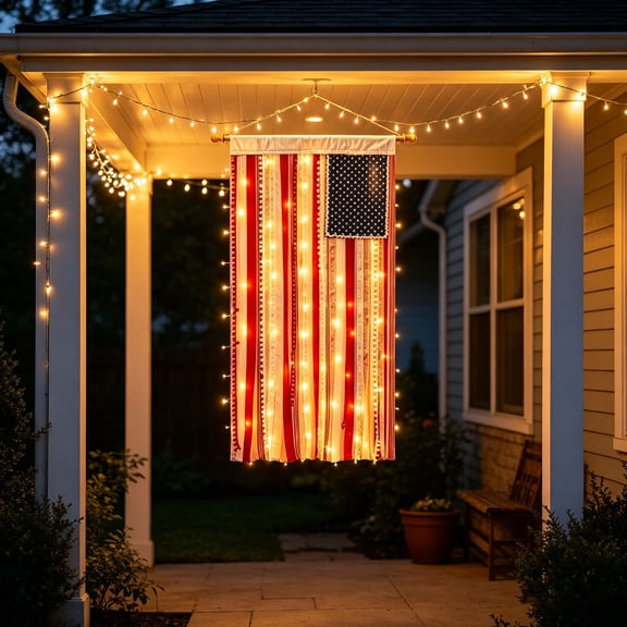 Lighted Rag American Flag Banner, 2026 New Patriotic Wall Hanging, Retro American Ribbon Flag for Home Garden Outdoor Porch Decoration, Decorative Banner for Holiday Party(Ribbon Flag With Lights)