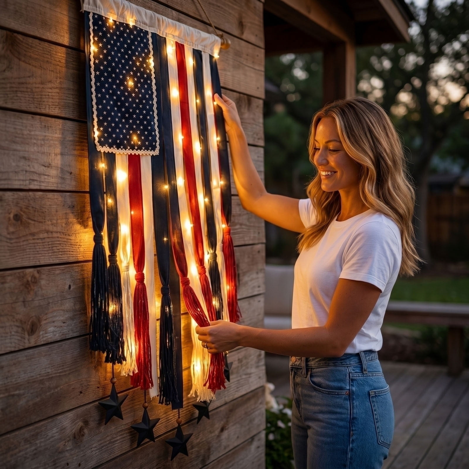 Lighted Rag American Flag Banner, 27×50in Independence Day Fringed Drapery Blue Star Flag, for Fireplace Starss Flag and Flower Decoration for 2026 Independence Day Celebration