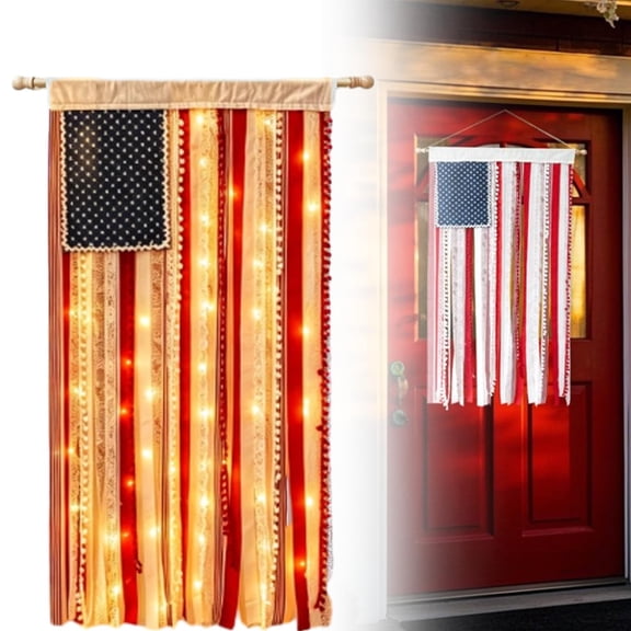 Lighted Rag American Flag Banner, 4 X 2.3 FT Lighted Rag American Flag Banner, Independence Day Retro American Flags Bunting for Outdoor Garden Yard Home Party Decoration 1PCS