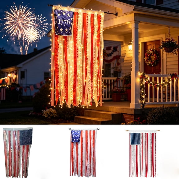 Lighted Rag American Flag Banner 4 x 2.3 Ft, 4th of July Lighted Patriotic Wall Hanging Porch Banner, Independence Day Lighted American Flags for Outside Garden Yard Home Party Decor