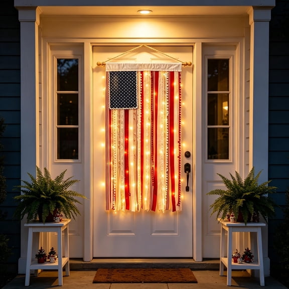 Lighted Rag American Flag Banner, 4 x 2.3 Ft Illuminated Patriotic Bunting with LED Lights, Outdoor Garden Yard Home 4th of July Party Decoration