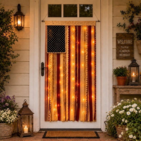 Lighted Rag American Flag Banner 4 x 2.3 Ft, Rag American Flag Banner for Home Party Supplies, Patriotic Wall Hanging for Memorial Day, Independence Day Party, Farmhouse Home Decor (Style2)