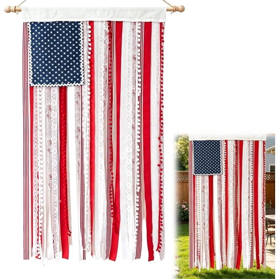 Lighted Rag American Flag Banner, 4 x 2.3 Ft Rustic Rag Ribbon American Flag Banner, Vintage Patriotic Wall Hanging for 4th of July Decorations, Memorial Day, Independence Day, Porch Home Party Decor