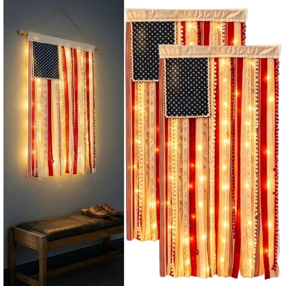Lighted Rag American Flag Banner, 4 x 2.3 ft 4th of July Rag American Flag Banner, Independence Day Retro Flags Bunting, for Outdoor Garden Yard Home Party Decoration (With Light,2pcs)
