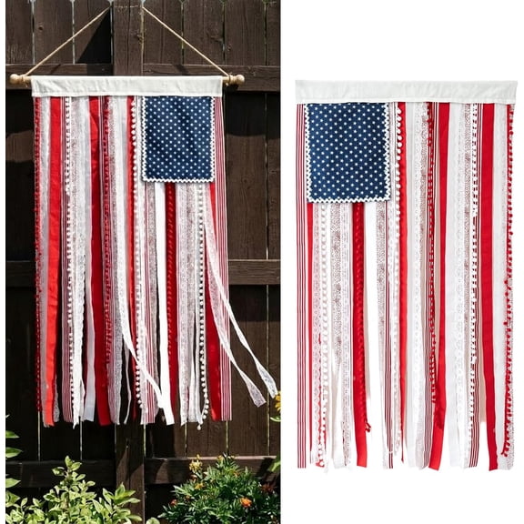 Lighted Rag American Flag Banner, 4 x 2.3 ft 4th of July Rag American Flag Banner, Independence Day Retro Flags Bunting, for Outdoor Garden Yard Home Party Decoration (Standard,1pcs)