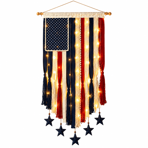 Lighted Rag American Flag Banner, Handmade Vintage 4 x 2.3 Ft, Built-in LED, Boho Patriotic Bunting for Outdoor Garden Porch