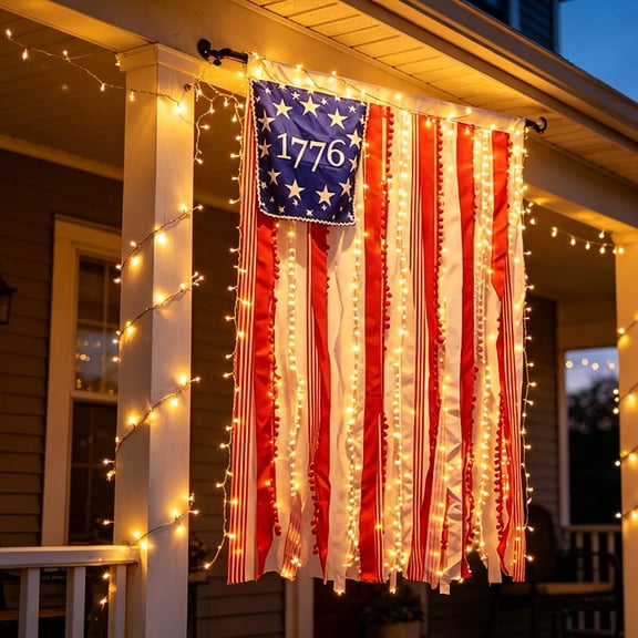 Lighted Rag American Flag Banner, Lighted Rag American Flag Banner, Independence Day Retro American Flags Bunting for Outdoor Garden Yard Home Party Decoration