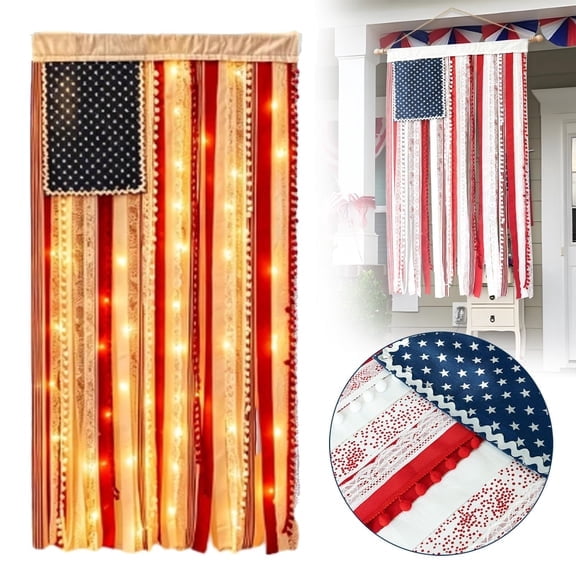 Lighted Rag American Flag Banner,Lighted Rag American Flag Banner,Independence Day Retro American Flags Bunting for Outdoor Garden Yard Home Party Decoration