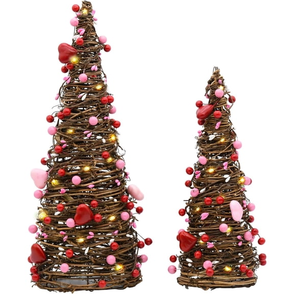 Lighted Rattan Table Tree Decor with Red Heart and Berries 2 Pack