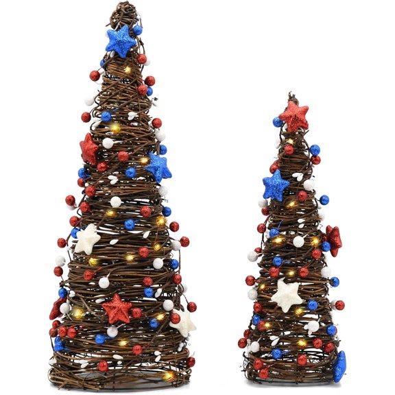 Lighted Rattan Tabletop Tree Set with Red White Blue String Lights