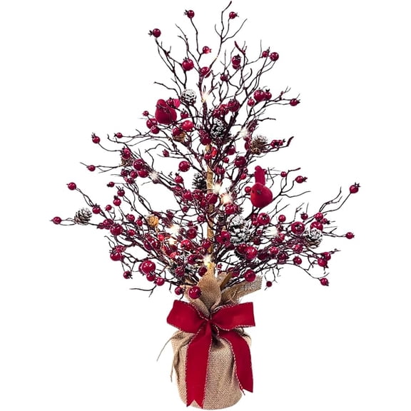 Lighted Red Berries Tree Table D ration Christmas Tree with Berries,Red Cardinal Bird and Silk Bow for Tabletop Centerpiece Christmas D rations Holiday Party
