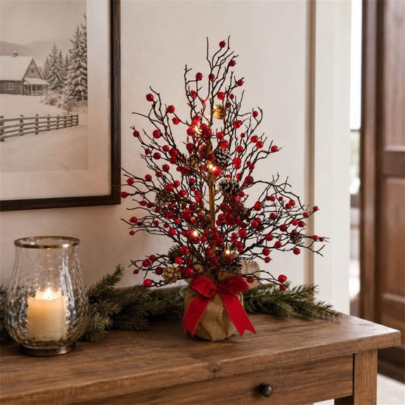 Lighted Red Berry Twig Mini Christmas Tree with Base & Red Bow, Warm White LED Tabletop Xmas Tree, Festive Holiday Decor for Table Mantel Window Sill Office Desk Living Room Winter Decoration, Red