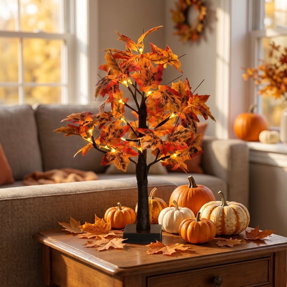 Lighted Red Maple Leaf Tree LED Lamp, Artificial Fall Tabletop Tree With Warm Lights, USB & Battery Operated Decor For Harvest, Thanksgiving, Halloween And Christmas Home Party