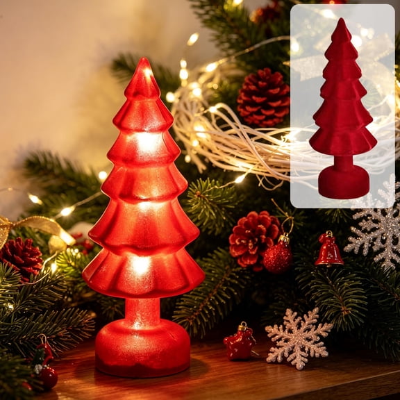 Lighted Tabletop Christmas Tree 9.45 in, Red Plastic Mini Tree Night Light for Mantel, Shelf, Desk and Seasonal Decor