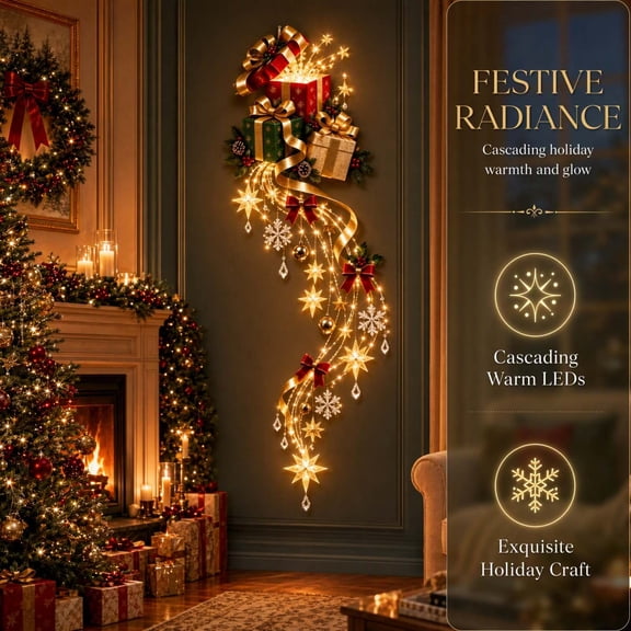 Lighted Resin Christmas Gift Box Decoration with Glowing Ambient Light for Indoor Holiday Home and Family Gatherings