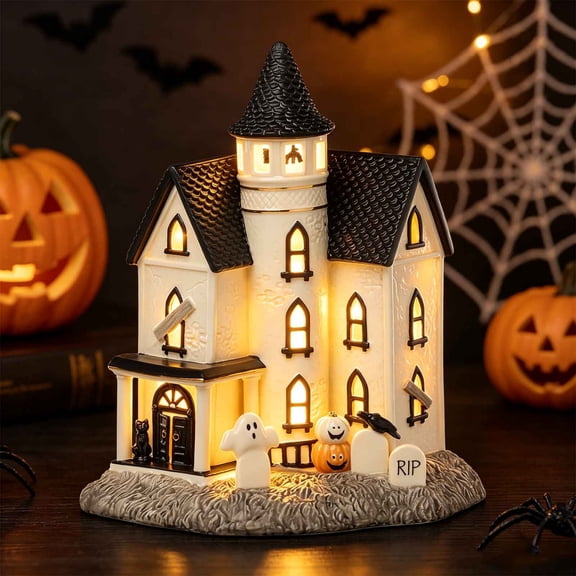 Lighted Resin Spooky Mansion Figurine, Halloween Gothic Castle Village with Ghost Pumpkin Tombstone Crow Tabletop Decor