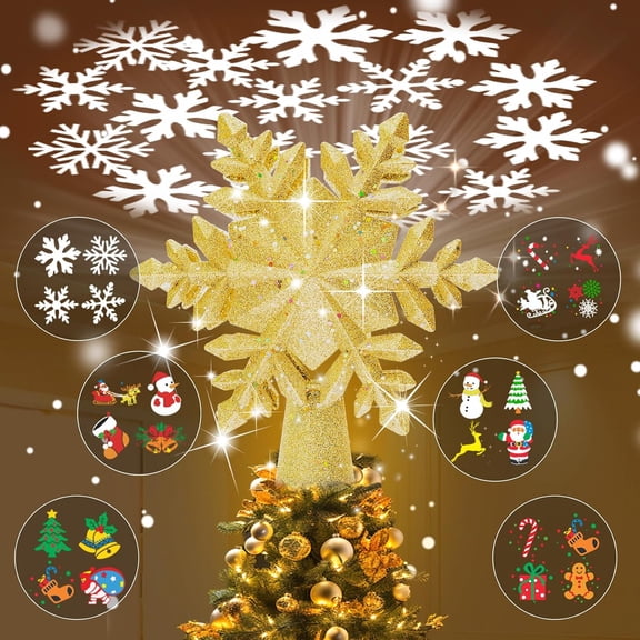 Lighted Rotating Snowflake Christmas Tree Topper with 6 Projected Patterns, 3D Hollow Glitter, Gold (Xmas Decor)