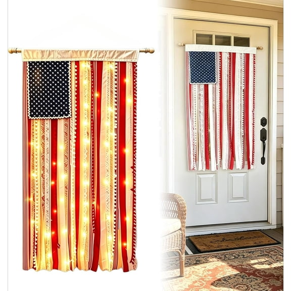 Lighted Rustic American Flag Hanging Banner, Pole Not Included, Lighted Porch Banner for Outside