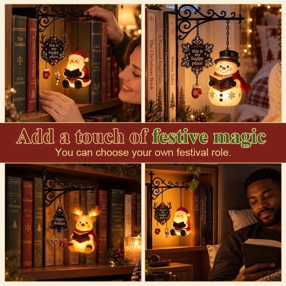 Lighted Santa Bookshelf Lamp, 9.8 x 7.1 In Metal Bracket Night Light With Reading Santa and Happy Place Sign, Warm Glow Decor for Desk, Shelf and Bedside