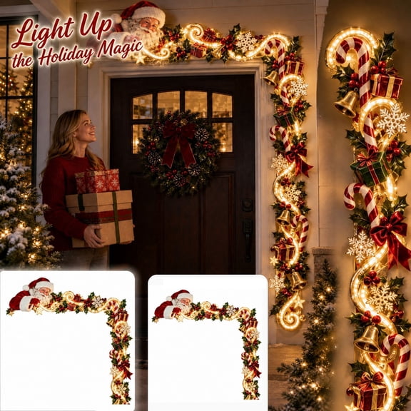 Lighted Santa Christmas Door Frame Garland, Pre-lit Holiday Corner Decor with Holly, Candy Cane, Bells & Gift Box Ornaments, Indoor Doorway Festive Christmas Decoration