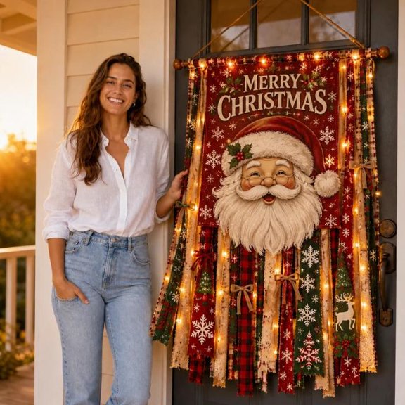 Lighted Santa Christmas Rag Flag Banner, Rustic Farmhouse Xmas Door Hanging Banner with Warm Fairy LED Lights, Fringed Plaid Fabric Ribbon Wall Decor for Porch Entryway Holiday Home Decor