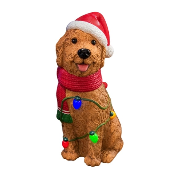 Lighted Santa Dog Figurine,Resin Christmas Tabletop Decor with LED String Lights for Indoor Outdoor Porch Yard Display for Gift Giving