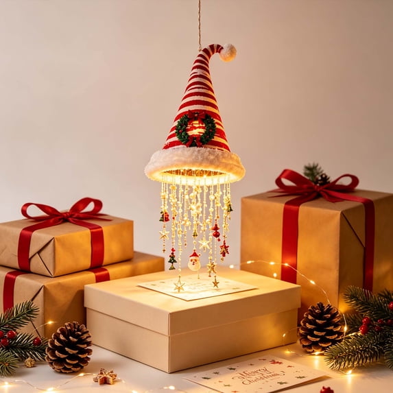 Lighted Santa Hat, Christmas Hanging Decor, Illuminated Vertical Holiday Accent for Windows Ceilings, A Pointed Santa Style Hat Above Cascading Decorative Light Strands