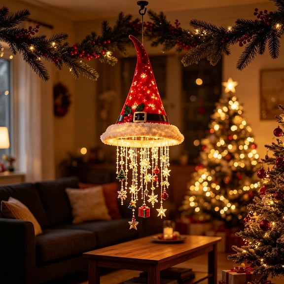 Lighted Santa Hat, Christmas Hanging Decor, Illuminated Vertical Holiday Accent for Windows Ceilings, A Pointed Santa Style Hat Above Cascading Decorative Light Strands