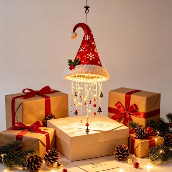 Lighted Santa Hat, Christmas Hanging Decor, Illuminated Vertical Holiday Accent for Windows Ceilings, A Pointed Santa Style Hat Above Cascading Decorative Light Strands