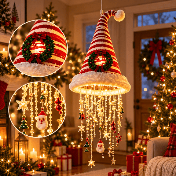 Lighted Santa Hat Hanging Chandelier Decor, Warm LED Glow Red Santa Design for Indoor Covered Porch Entryway Living Room Ceiling 9.84in B