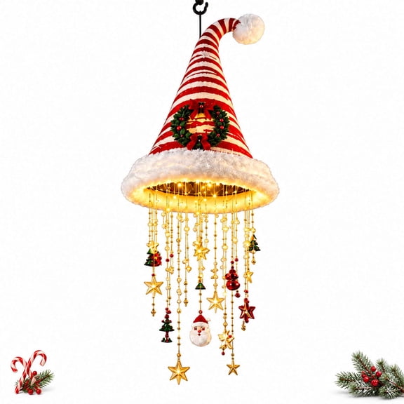 Lighted Santa Hat Hanging Chandelier, Jingle Glow Santa Hat Decoration with Santa Glow Light, Battery Operated Christmas Hanging Decor for Holiday Party Home Decoration