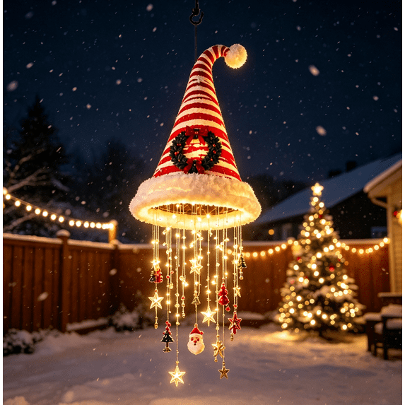 Lighted Santa Hat Hanging Chandelier, Pre Lit Christmas Santa Hat Decor with Warm LED Lights and Hanging Holiday Charms, Indoor Outdoor Covered Decor