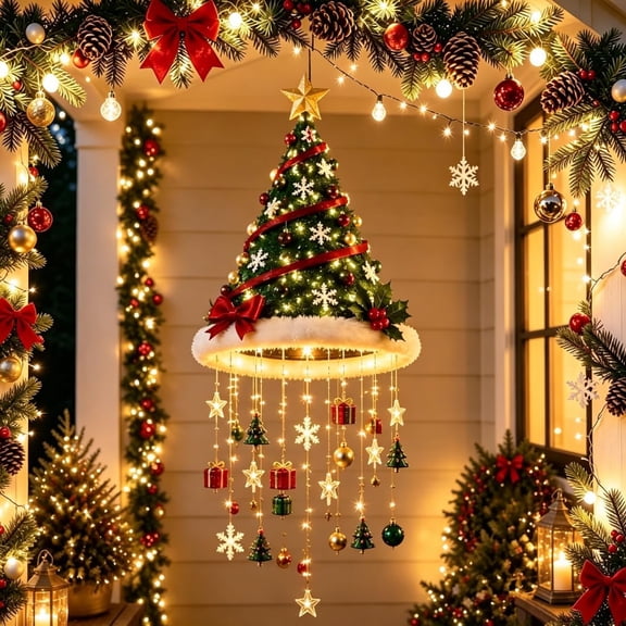Lighted Santa Hat Hanging Chandelier, Santa Hats Holiday Decorations,Indoor Outdoor Party Ornament, Glowing Snowflake Winter Festive Decor, Xmas Gift for Home