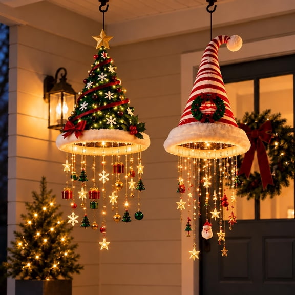 Lighted Santa Hat Hanging Chandelier, Warm LED Christmas Decor, Warm Led Santa Hat Chandelier Brings Soft Glowing Festive Charm, Ideal For Christmas Home, Party Decoration And Holiday Gifts.