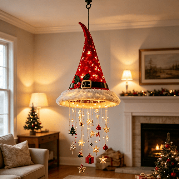 Lighted Santa Hat Hanging Chandelier Warm LED Christmas String Light, Festive Hanging Decor for Christmas Home Party and Holiday Display