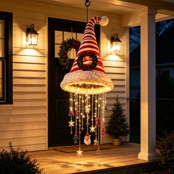 Lighted Santa Hat Hanging Chandelier Warm LED Christmas String Light, Festive Hanging Decor for Christmas Home Party and Holiday Display