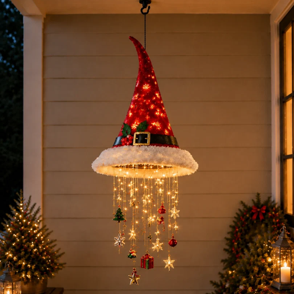 Lighted Santa Hat Hanging Chandelier Warm LED Christmas String Light, Hanging Holiday Ornament for Entryway Fireplace Mantel Porch and Party Decor