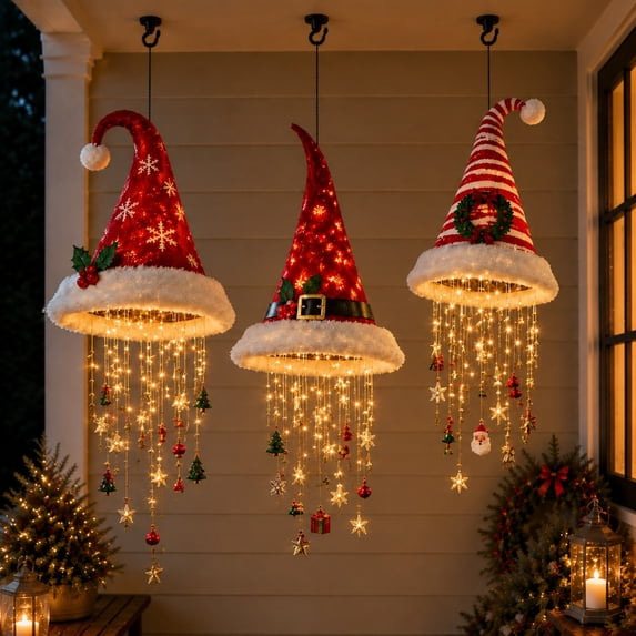 Lighted Santa Hat Hanging Chandelier, Warm LED Christmas String Light, Indoor Covered Outdoor Holiday Decor, Random Style