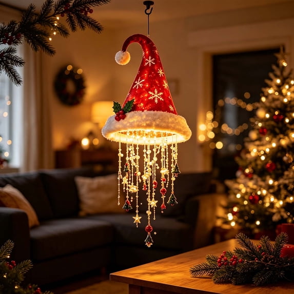 Lighted Santa Hat Hanging Christmas Chandelier Fabric Warm LED Cascading Starfall String Lights Ornament Indoor Outdoor Decor