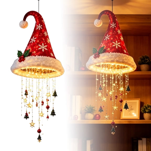 Lighted Santa Hat Hanging Christmas Ornament, LED Glowing Santa Hat Pendant with Star & Mini Tree Tassels, Winter Holiday Hanging Decor for Party, Porch, Window, Xmas Home Decoration