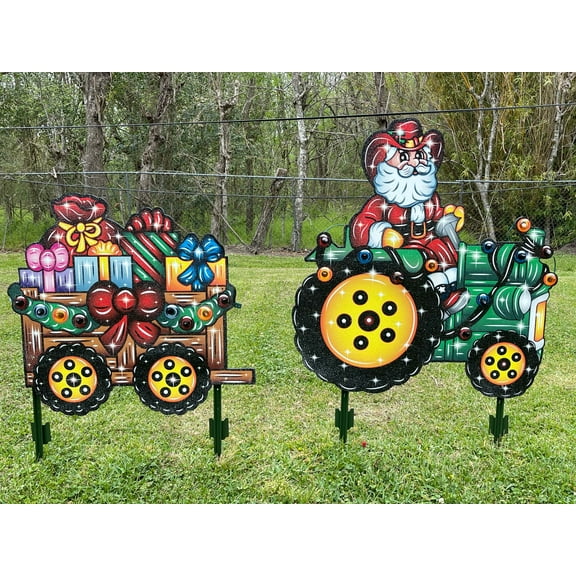 Lighted Santa on Tractor pulling trailer Christmas yard art
