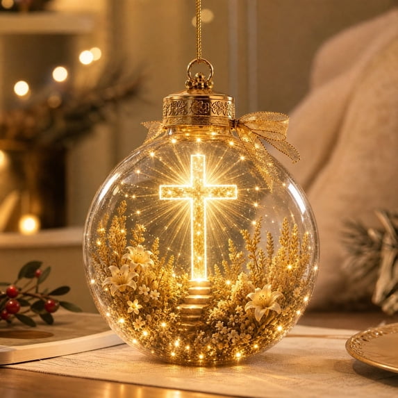 Lighted Scripture Keepsake Ornament, Illuminated Cross Christian Christmas Diorama with Warm Glow for Christmas Tree, Faith Display and Holiday Gift, 3.54 Inch