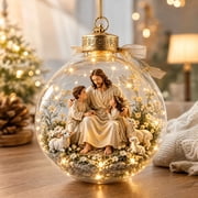 Lighted Scripture Keepsake Ornament, Jesus with Lambs Christian Christmas Diorama with Warm Glow for Christmas Tree, Faith Display and Holiday Gift, 3.54 Inch