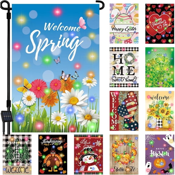 Lighted Seasonal Garden Flags Set of 12 Double Sided x 18 Inch LED Yard Flags, Small for Outside, Fall Winter Halloween Christmas Outdoor Flags,Solar Holiday All Seasons