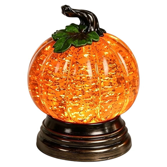 Lighted Sequin Pumpkin Lamp, Shimmer Gold Sequins LED Glass Pumpkin with Resin Vine, Vintage Metal Base, Indoor Halloween Farmhouse Tabletop Gift