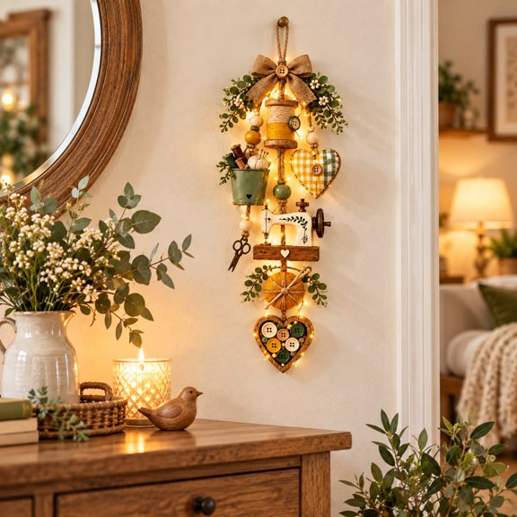 Lighted Sewing Theme Wall Hanging with Remote-Controlled String Lights, 9.45 21.65 in