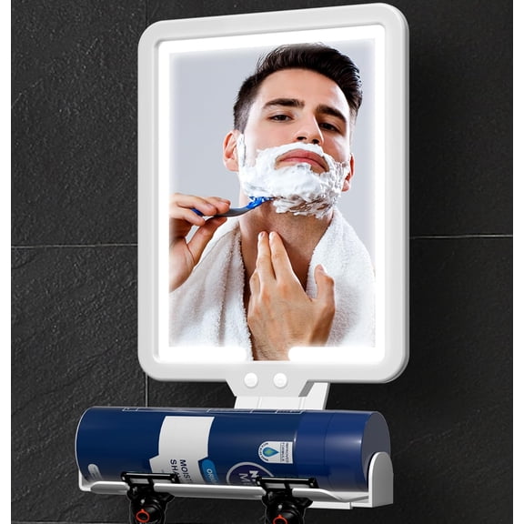 Lighted Shower Mirror Fogless for Shaving, Heated Fog Free Large 9.5*7inch 3 Color Modes Dimming Shower Shaving Mirror with Light, Rechargeable Anti-Fog Shower Mirror with Storage Tray