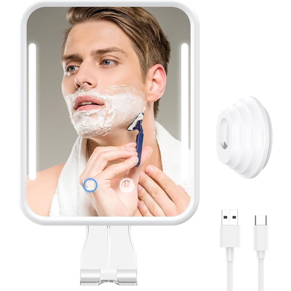 Lighted Shower Mirror Fogless for Shaving with Light, 5000mAh Heated Shower, Detachable Razor Holder and Suction Cup Wall, NO-Drilling, Waterproof Bathroom (White)